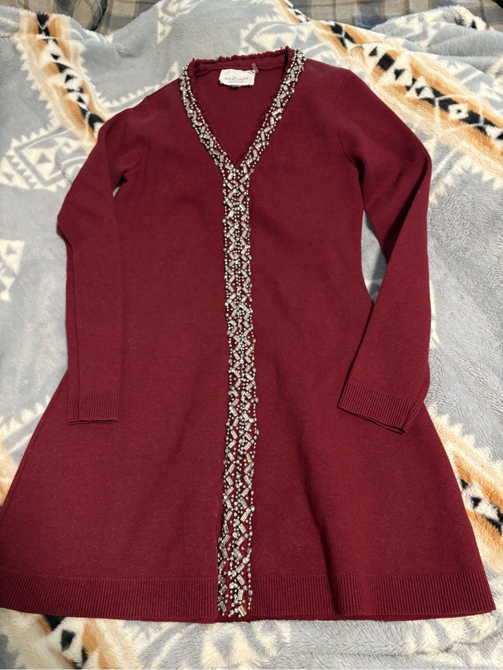 Hyacinth House Beaded V-Neck Sweater Dress - Burgundy